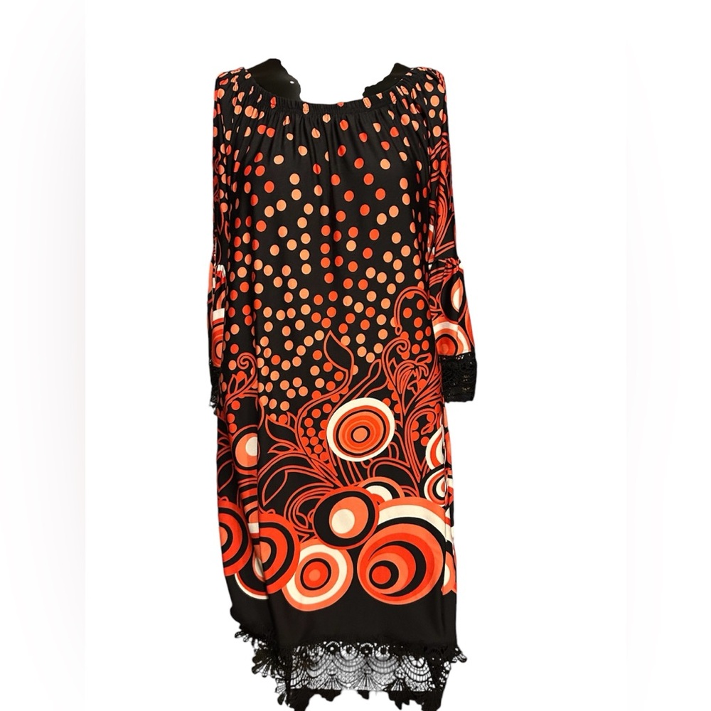 White mark Black and orange long sleeve dress. With lace